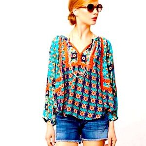 TOLANI Silk Multi Print Bohemian Peasant 3/4 Sleeve Top! Excellent condition